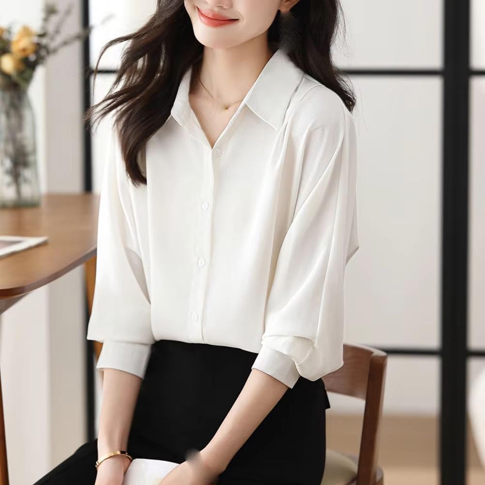 Women's Chiffon Blouse Long Sleeve Work Clothes Autumn Elegant Lapel Neck Loose Shirt Casual Top