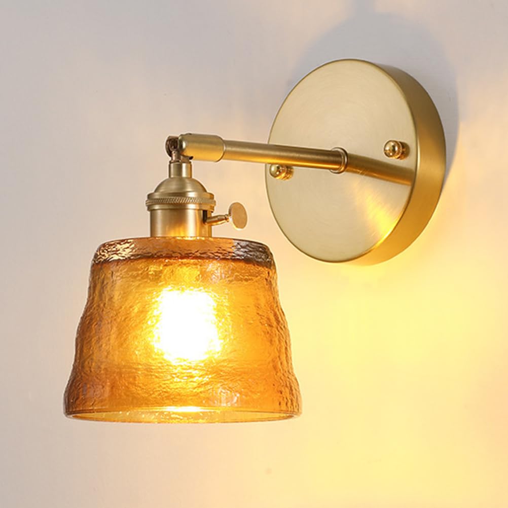 Kinkiet E27 w stylu vintage, regulowany 90°, z przełącznikiem, złoty, wewnętrzny kinkiet z kloszem ze szkła młotkowanego, lampka nocna do sypialni i salonu (bursztynowy)