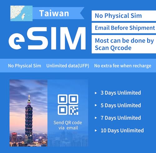 【UDBAC】 Taiwan eSIM Date Only 3~10Days SIM Card High-Speed Traffic 500MB 1GB 2GB/Day Unlimited Low Speed (Send QR Code by email (7 Days