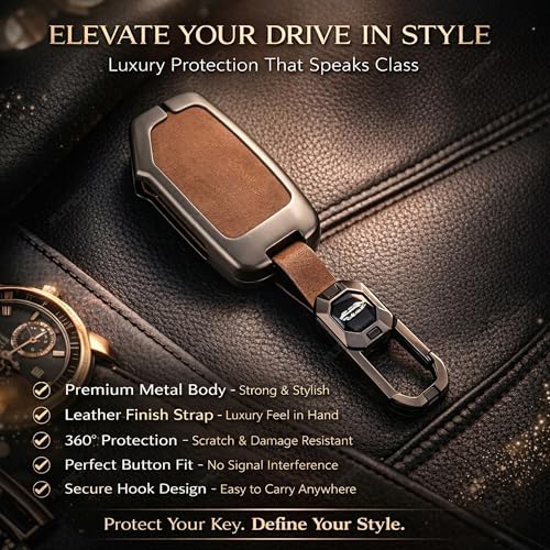 Image of Exclusive Metal Leather Key Cover Compatible with Kia Seltos 2024 2023 Facelift HTX | Carens X Line | Sonet Facelift 4 Button Smart Key Leather Protection with Keychain