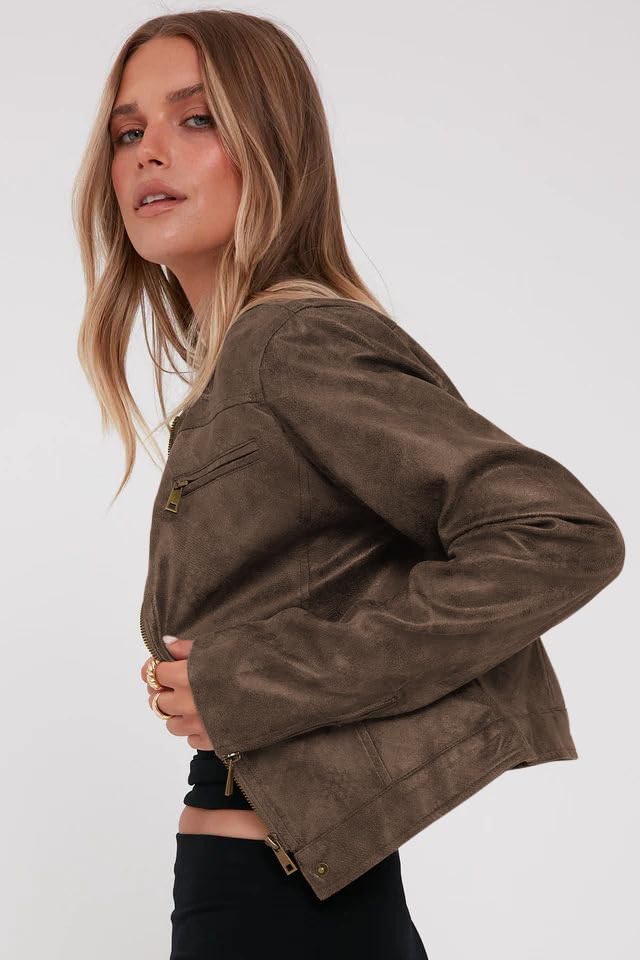 Onedreamer Women's Faux Leather Cropped jackets Casual Vintage Zip Up Stand Collar Motorcycle Short Coat Jacket4