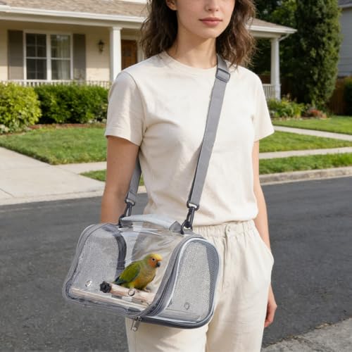 Bird Carrier Backpack Gray Travel Cage with Clear PVC Window and Breathable Mesh Portable Bird Carrier Bag for Small Birds Parrot Cockatiel Parakeet to Vet Visit and Outdoor Adventure - Image 5