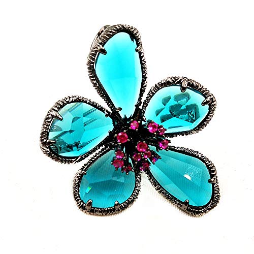 Image of Designer Antique Silver Framed Hot Pink Pistil Turquoise Blue Rhinestone Flower Brooch Pin for Women Fashion