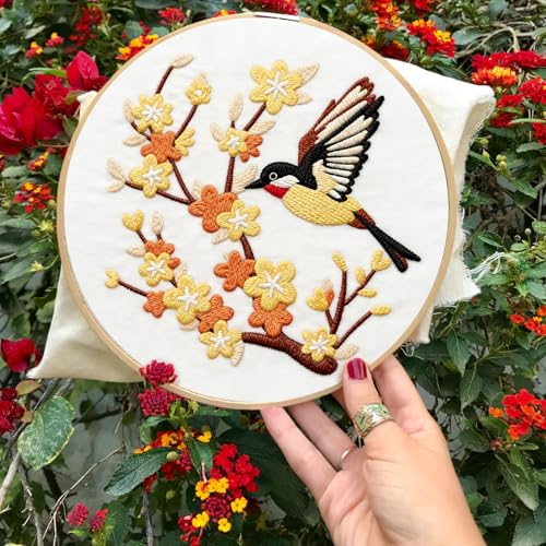 Image of INFUNLY 4 Pack Hummingbird Embroidery Kits for Beginners Flower Cross Stitch Kit Animal DIY Needlepoint Kits Floral Stamped Embroidery Kit with Instructions Embroidery Hoops Threads