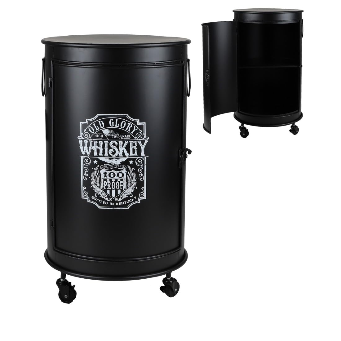Meublorama Petit Bar bidon avec Porte et roulettes Style Industriel Collection Old Glory. Dimensions 40x40x69 cm