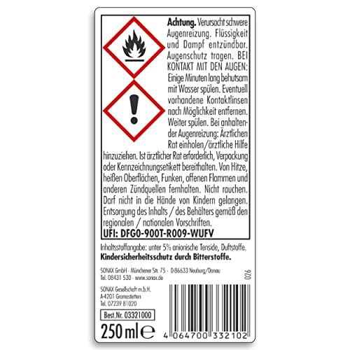 SONAX AntiFrost+KlarSicht Konzentrat (250 ml) ergibt bis zu 0,75 Liter Winter-Scheibenwaschwasser, sofort mischbereit, schlierenfrei, Antikalk-Effekt | Art-Nr. 03321000