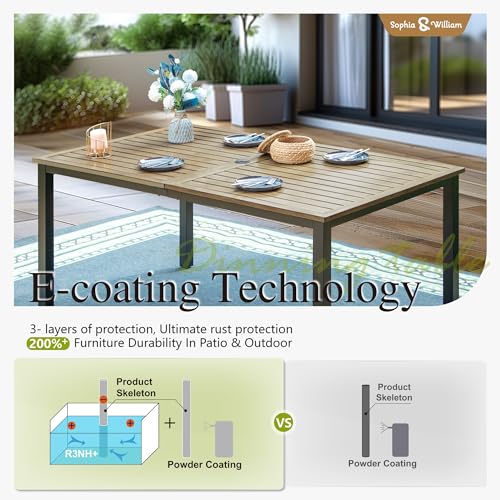 Sophia & William 6-person Metal Outdoor Patio Dining Table Rectangular, E-coating XLarge 63.8"L x 38.2"W Slat Tabletop, Adjustable Umbrella Hole 1.6"- 2", Patio Furniture for Porch Backyard Deck, Teak