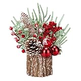 Christmas Decorations Indoor, Christmas Centerpiece Table Decorations, Small Artificial Tabletop/Desk Christmas Tree with Xmas Ornaments Pinecone Berry for Home Farmhouse Mantle Décor (Red)