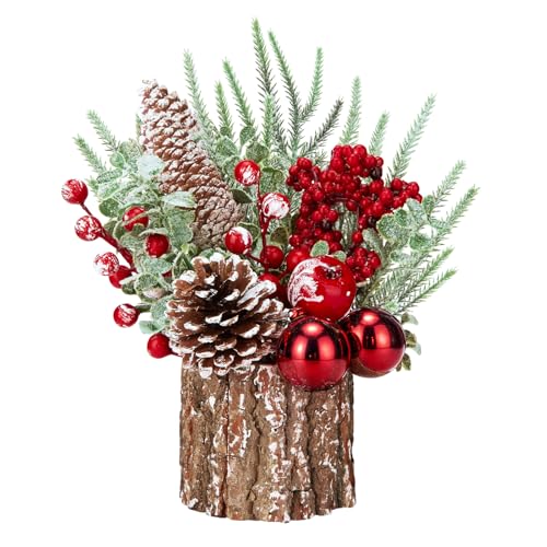 Christmas Decorations Indoor, Christmas Centerpiece Table Decorations, Small Artificial Tabletop/Desk Christmas Tree with Xmas Ornaments Pinecone Berry for Home Farmhouse Mantle Décor (Red)