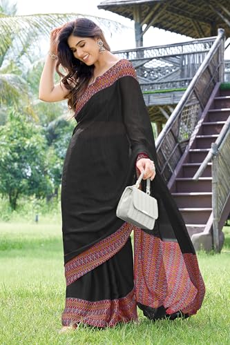 Image of MIRCHI FASHION Saree for Woman Chiffon Georgette Polka Dot Border | Plain Lightweight Women's Sari with Printed Pallu and Blouse Piece