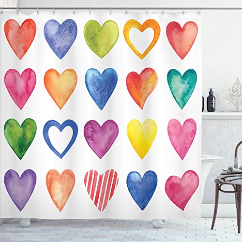 Ambesonne Grunge Shower Curtain, Rainbow Color Heart Shapes Valentine's Day Design Romantic His And Hers Theme, Cloth Fabric Bathroom Decor Set With Hooks, 69" W X 70" L, Red Blue Yellow #TOP7