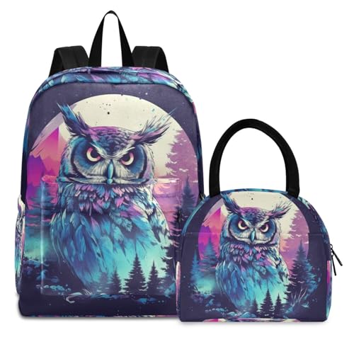 Backpack Lunch Box Set Large Capacity Travel Backpacks and Insulated Lunch Bag for Commute Hiking Picnic Owl Forest Print