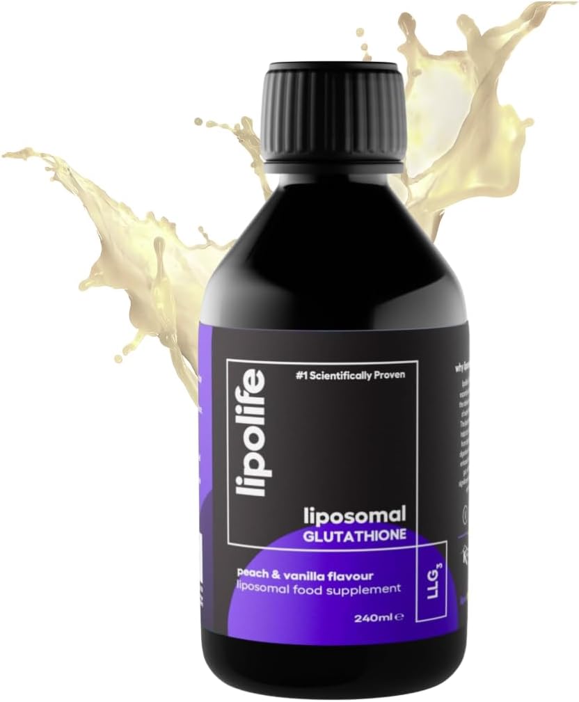 – Lipolife Liposomal Glutathione Liquid 240ml - Peach & Vanilla Flavour - Glutathione Supplement for Detox & Antioxidant Support, High Absorption, Reduced Glutathione, 48 Servings, LLG3