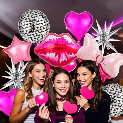 Image of 11 Pcs Hot Pink Princess Foil Balloons, Disco Ball Balloon, Girl Head Balloons, Pink and Silver Balloon for Box Photo Booth Backdrop, Birthday, Baby Shower, Bachelorette Theme Party Decorations