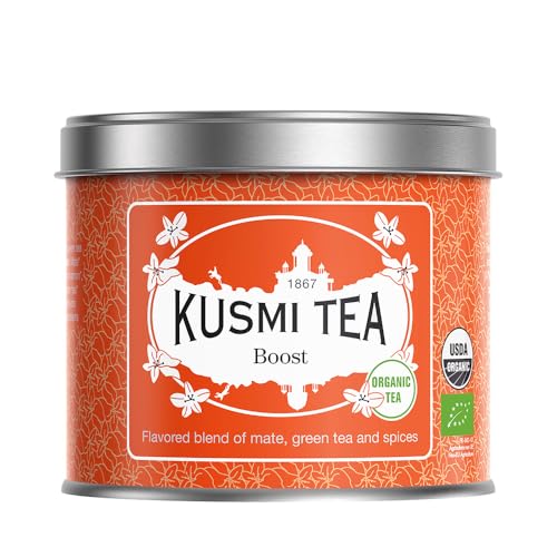 Kusmi Tea - Boost - Té Orgánico - Mezcla de Mate, Té Verde y Especias, Aromatizado con Canela, Cardamomo y Jengibre - Receta Tónica - Hojas Sueltas - Lata de 100g, para aprox. 50 tazas