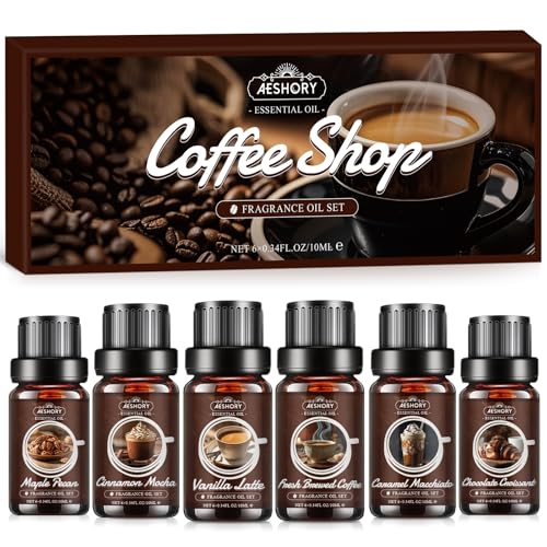 AESHORY Kit Huiles Essentielles de Café 6 x 10ML, Huile Essentielle Parfumée Café pour Diffuseurs, Parfum Élégant - Latte à la Vanille, Moka à la Cannelle, Macchiato au Caramel, Croissant au Chocolat
