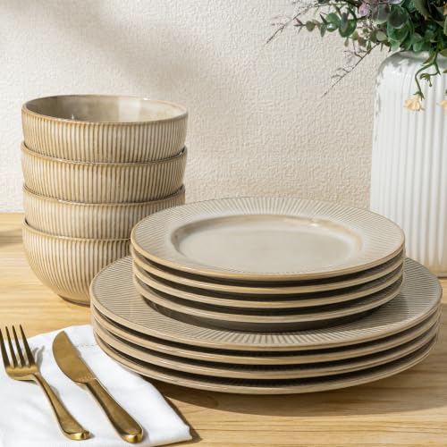 Image of GBHOME Ceramic Dinnerware Sets,12 pcs Embossed Elegant Stoneware Plates and Bowls Sets, Housewarming Wedding Gift | Dishwasher & Microwave Safe | Dishes Set Service for 4