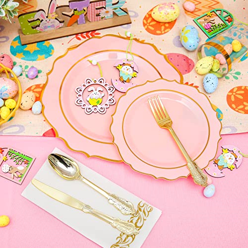 210Pcs Pink Gold Plastic Plates, Gold Plastic Dinnerware, Unique Plastic Plates Gold, Gold Plastic Silverware With Gold Plastic Cups Suit For Easter, Monther's Day, Party, Wedding, Brittany #TOP5
