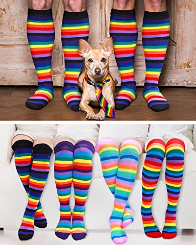 Chuarry 8 Pairs Women's Rainbow Thigh High Socks Fingerless Arm Warmer Set Long Striped High Socks Leg Warmers For Girls Pride Fest (Mixed Color,Classic Style) #TOP5