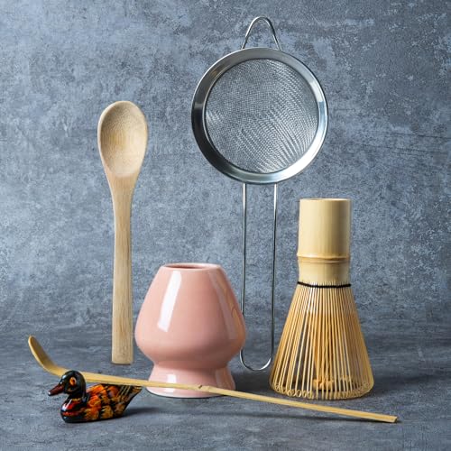 Matcha Whisk Set Pink, Matcha Making Kit Whisk (Chasen Holder), Ceramic Whisk Holder, Bamboo Scoop, Powder Starter Sifter, Spoon Japanese Tea Tools For Ceremony Gift