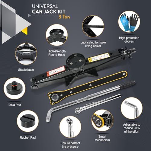 Image of Car Jack Kit 3 Ton (6,600 lbs) with Tesla Pad & Universal Rubber Pad | Scissor Jack for Car - Tire Jack Tool Kit | Portable, Ideal for SUV and Auto - Universal Emergency Kit with Lug Wrench
