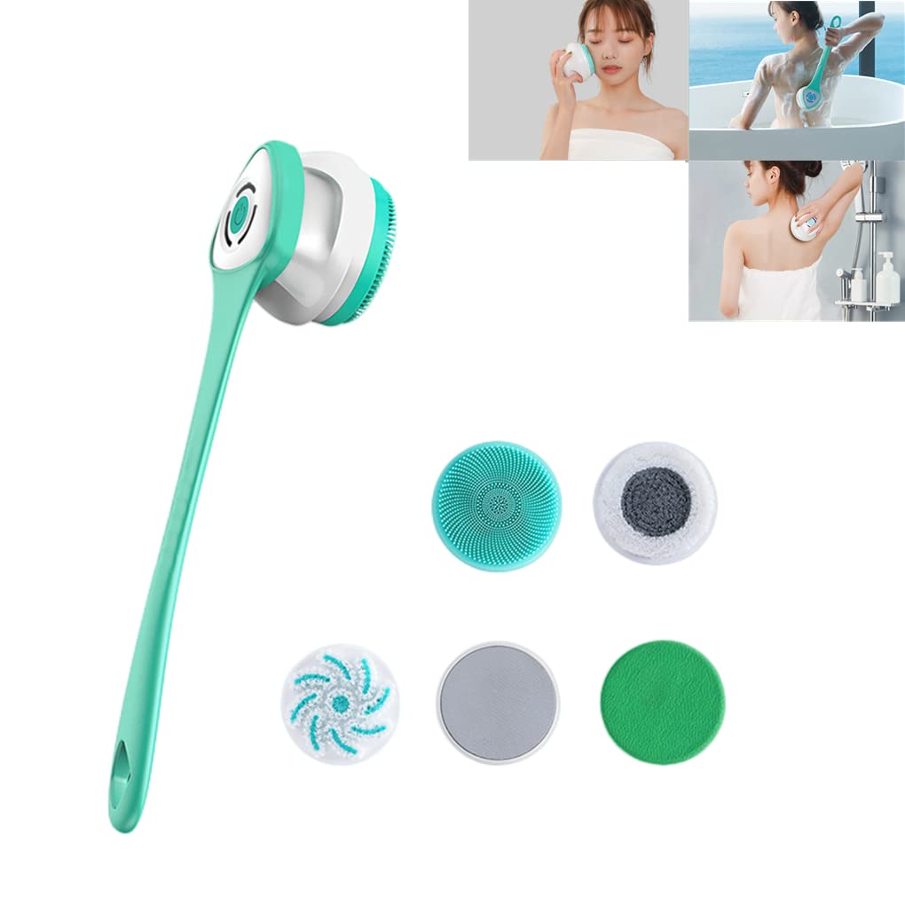 Xmipbs Electric Body Brush Set with 5 Removable Silicone Soft Brush Heads, Long Handle, 3-Speed, Deep Clean, Waterproof, USB Charging
