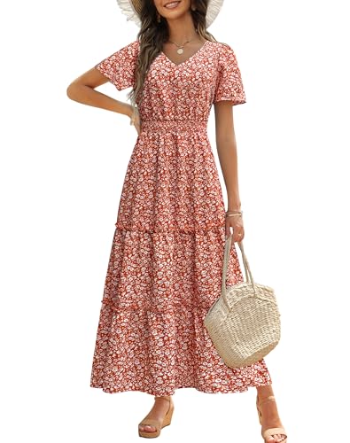 Zattcas Summer Maxi Dresses for Women 2025 Short Flutter Sleeve V Neck Smocked Waist Tiered Flowy Modest Boho Casual Long Floral Dress with Pockets Rustwhite XL