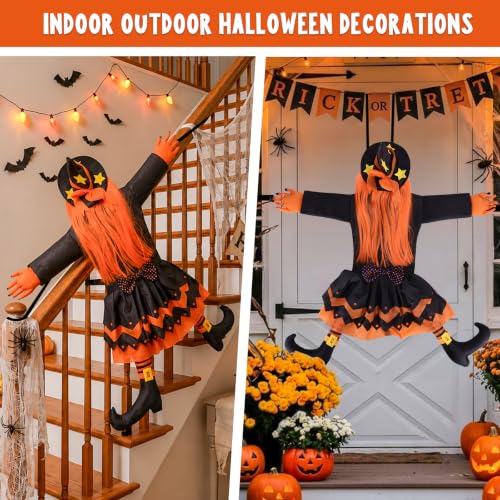 45" Halloween Crashing Witch Decoration Flying Witchs on Broom Hanging from Tree Outdoor Halloween Decor for Yard Garden Porch Patio - image 7