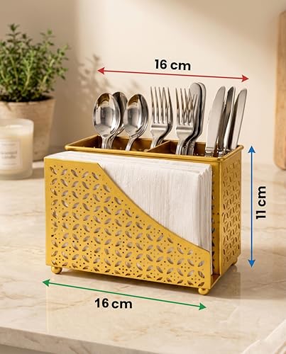 Image of Cutlery Holder for Dining Table with Tissue Holder | Golden Metal Spoon Fork Knife Stand Organizer | Tabletop Cutlery Stand for Kitchen