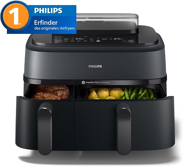 Philips Steam Airfryer Dual Basket 5000 Series, Hot Air Fryer & Steamer in One Device, 9L 2 Baskets, RapidAir Plus Technology, 19 Cooking Functions, 90% Less Fat, Steam Cleaning (NA550/00) - 2