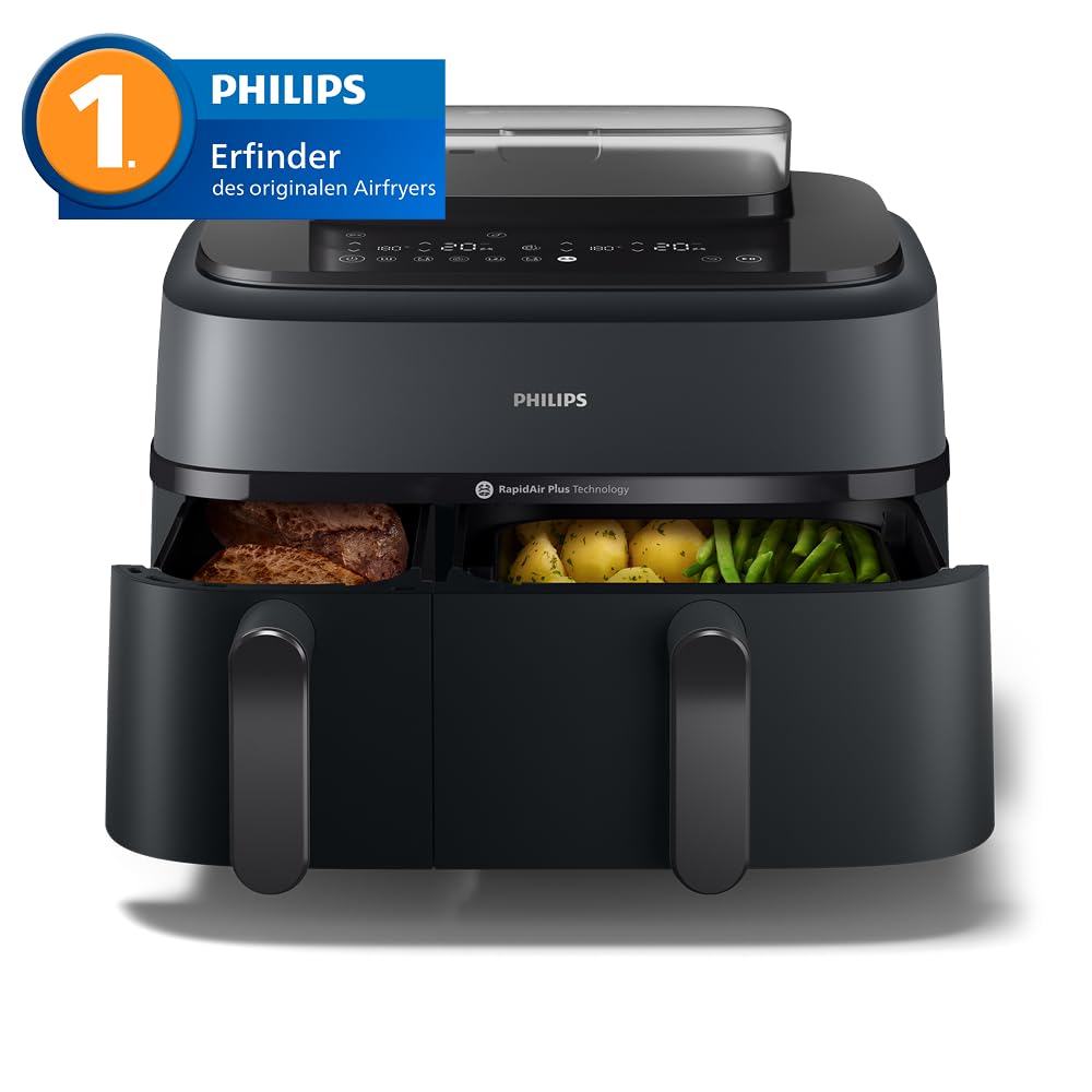 Philips Steam Airfryer Dual Basket 5000 Series, Hot Air Fryer & Steamer in One Device, 9L 2 Baskets, RapidAir Plus Technology, 19 Cooking Functions, 90% Less Fat, Steam Cleaning (NA550/00) - 2