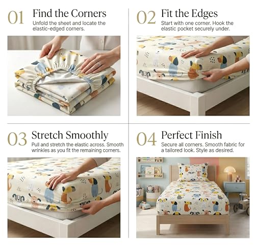 Image of VAS COLLECTIONS Single Bed Fitted Bedsheet 36x72+8 Inches with 1 Pillow Cover | 180 TC Microfiber Elastic Bed Sheet | Soft Breathable Cute Printed Design for Kids & Couples (Kid Puppy Print)