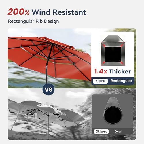 Image of PHI VILLA 10ft Patio Umbrella Outdoor 3 Tier Vented Market Table Umbrella with 1.5 inch Umbrella Pole and 8 Sturdy Ribs, (Orange Red)(No Base)
