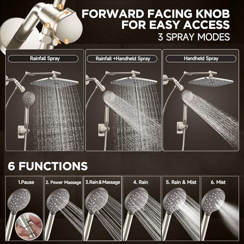 Veken 11.8'' Rain Brushed Nickel Shower Head with Handheld Spray Combo, Extension Arm for Rainfall Showerhead, Muti-modes Massage High Pressure Hand Held Shower Heads with Hose, Anti-Clog Nozzles