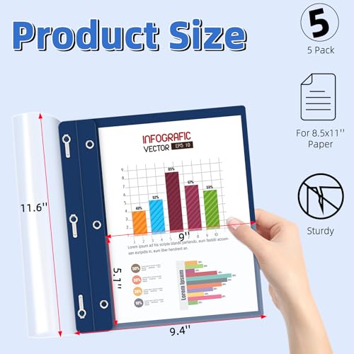Image of HAUTOCO 5 Pack Plastic Report Covers with 3 Prongs Fasteners Clear Front Resume Portfolio Folder for 8.5x11 Letter Size Paper, Presentation Document Report Cover for School Office Business, Navy Blue