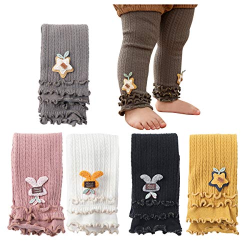 Image of 5 Packs Little Baby Girls Knit Footless Tights with Ruffle Cute Cartoon Pattern Ankle Length Leggings for Kids