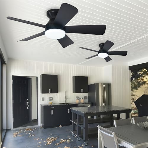 Image of Depuley 35-Inch Ceiling Fans with Lights: Indoor /Outdoor Flush Mount Ceiling Fan with Remote Control - Black 5 Blade Low Profile Fandelier for Kitchen Gazebo - Reversible Quiet Timer - 2 Packs
