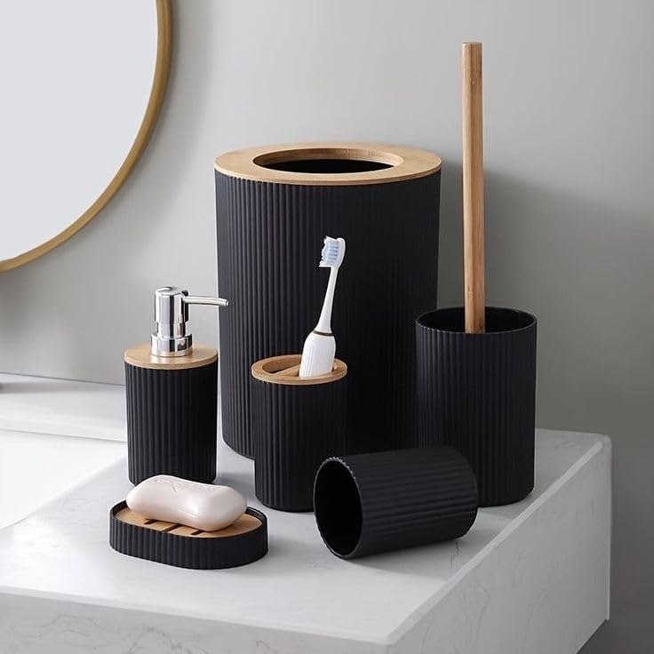 6-Piece Bathroom Accessories Set, Toilet Brush, Soap Dispenser, Toothbrush Holder, Cup, Soap Dish, Trash Can