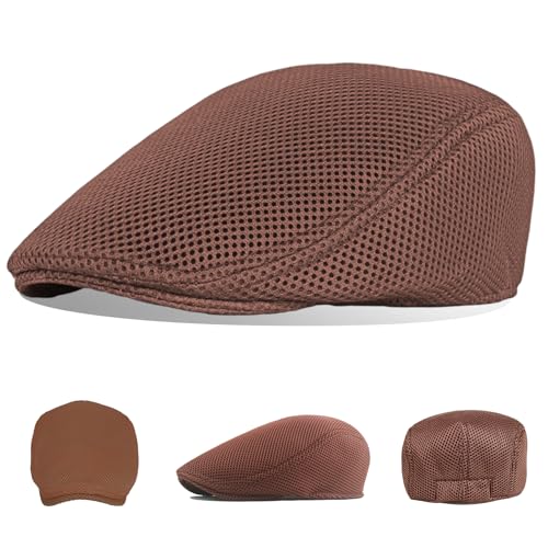Image of meioro Men's Mesh Flat Cap Summer Breathable Newsboy Hats Beret Ivy Cap Gatsby Irish Cabbie Driving Hat Full Head Wrap