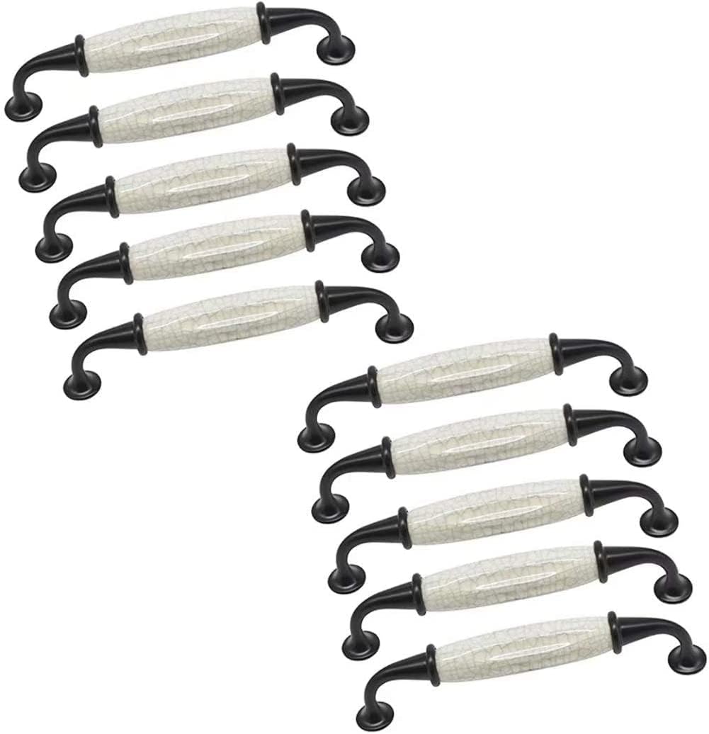 Door Handles,Ceramic Door Knobs, Cupboard Handle,10pcs White and Black Crack Ceramic Door Handle Bow Cabinet Pull Vintage Bathroom Cupboard Drawer Knob Furniture Hardware-Hole Distance:128mm