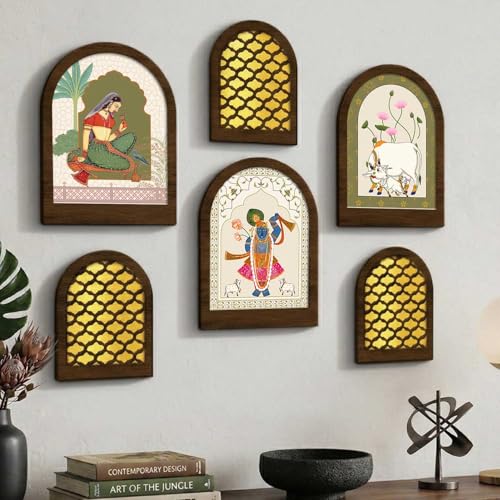 Image of Jharokha MDF Mirrors Home Decoration Items | Traditional Wall Decor Items for Living Room | Mirror Wall Hanging | Home Decor Items for Bedroom Office Set of 6 (9x12 inch & 7.5x9.5 inch)