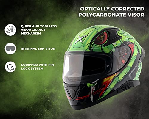 Image of Axor Apex Venomous ISI ECE DOT Certified Full Face Dual Visor Helmet for Men and Women with Pinlock Fitted Outer Clear Visor and Inner Smoke Sun Visor Black Neon Green(XL)