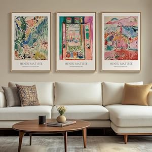 Large Framed Matisse Wall Art for Living room, 3 Piece Colorful Abstract Canvas Artwork for Walls, Retro Vintage Big Matisse Famous Landscape Paintings Prints Pictures for Hallway Home Office 24×36