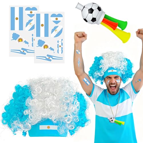 HWQVA 2026 Soccer Fan Gear Set – Argentina Flag Temporary Tattoos, Fun Wigs, and Loud Horns – Fan Gear for Soccer Matches, Sports Events, and Team Celebrations