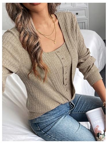 SHENHE Women's Ribbed Long Sleeve Top Button Front Square Neck Casual Going Out Tee Shirt3