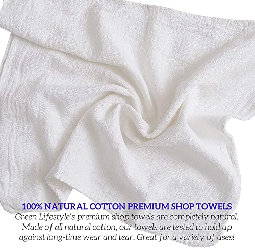 Image of GREEN LIFESTYLE Shop Towels 12 inch x 14 inch 50 Pack - White Cotton Shop Towels, Cleaning Rags Bulk, Reusable Shop Rags, Absorbent Terry Cloth Cleaning Towels for Garage, Automotive, Industrial and Home Use