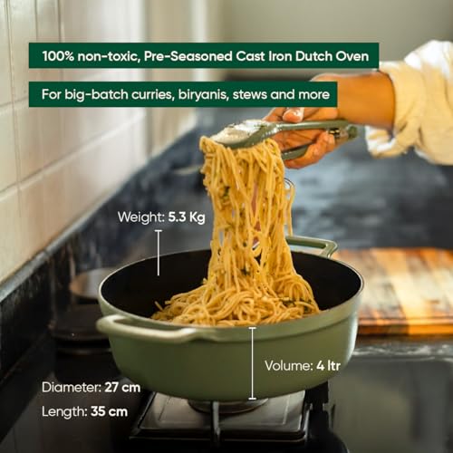 Image of Ember Cookware Pre-Seasoned Cast Iron Casserole 26 cm | Induction Cookware | 10-Year Warranty | Cast Iron Kadhai | Dutch Oven | Biryani Pot Heavy Bottom | PFAS & PFOA Free | Cooking Pot | Green