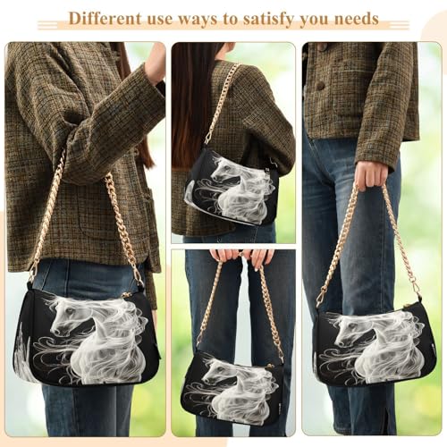 Shoulder Bags for Women White Horse Black Background Hobo Tote Handbag Small Clutch Purse with Zipper Closure 5