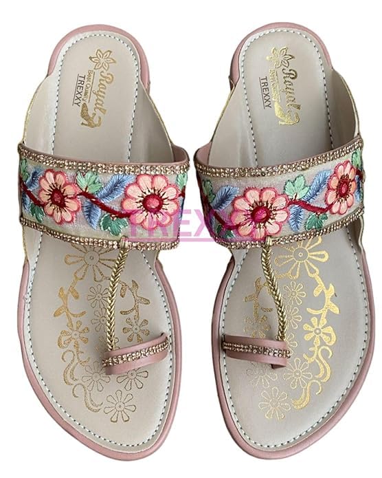 Kolhapuri Embroidered Chappal for Women | Flat Fashion Sandals | Ethnic Slippers for Girls | Ethnic Flat Sandals | Toe-Ring Festive Slippers | Slip On Ethnic Flats Chappal