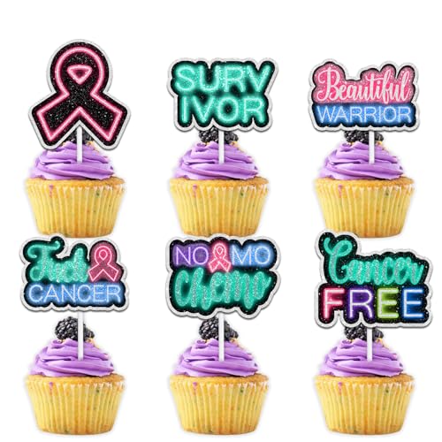 18pcs Glitter Neon Breast Cancer Free Awareness Cupcake Topper Cheer to Warrior Survivor Pink Ribbon Theme Medical Party Decoration for Men Women Happy Birthday Decor Supplies